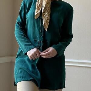 Vintage turquoise green silk tunic blouse kimono button up jacket